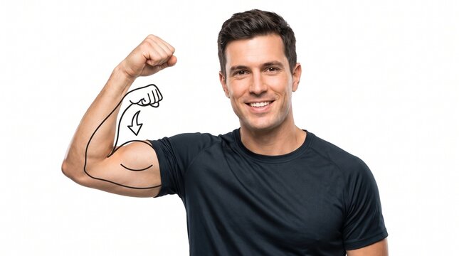 A man flexing his bicep with an illustration of muscle gain. He is smiling, showing confidence and strength