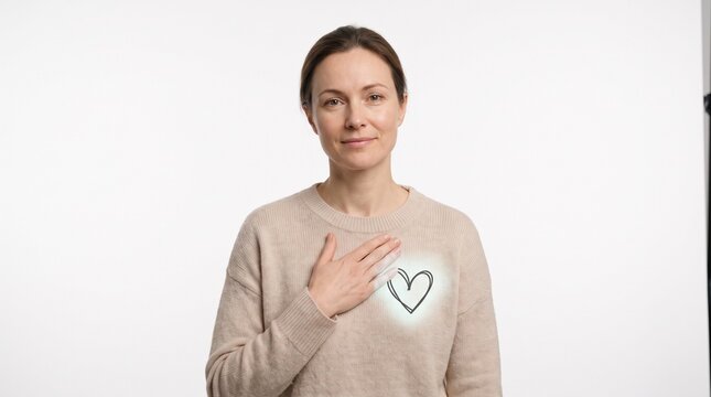 A woman with her hand over her heart, signifying warmth, kindness, and sincerity. A glowing heart symbol appears over her chest, symbolizing love and emotional connection