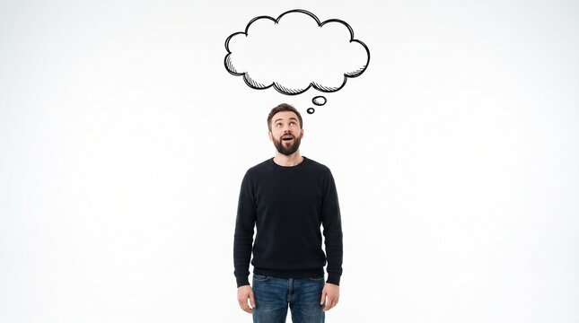 A man stands with a thought bubble above his head, his mouth open in surprise or deep thought