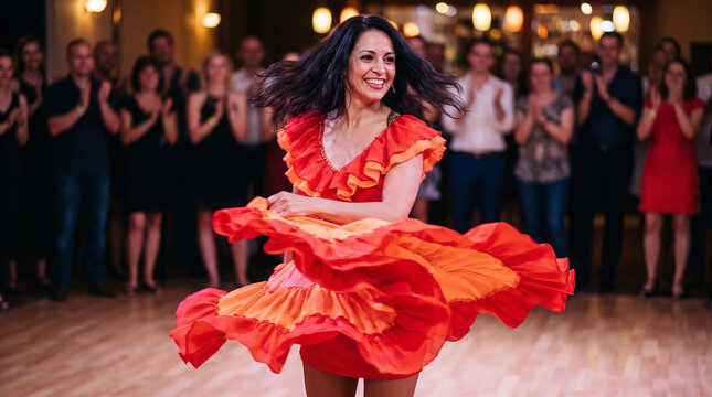 Fiery salsa dancer twirling dress on wooden floor with vibrant motion energy, cultural rhythm performance, festive celebration atmosphere, passion and symbolic movement