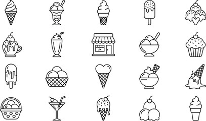 Fototapeta premium Ice Cream Shop and Frozen Dessert Line Icon Set with Sweet Gelato Cones Popsicles Milkshakes and Cupcakes for Cafe Menu Designs