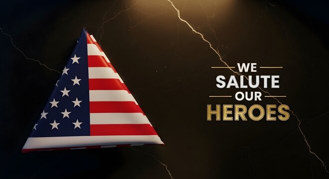 A folded american flag on a dark marble background with the text we salute our heroes, representing honor, patriotism, and remembrance for veterans and military service members