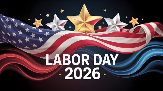 Labor day 2026 celebration background with american flag, golden and silver stars, and flowing red and blue ribbons on a dark background