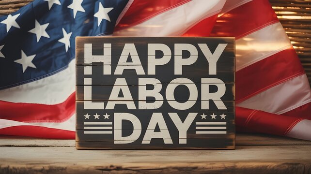 Happy labor day wooden sign with american flag background rustic patriotic holiday decoration with stars and stripes, celebrating workers on a wooden surface