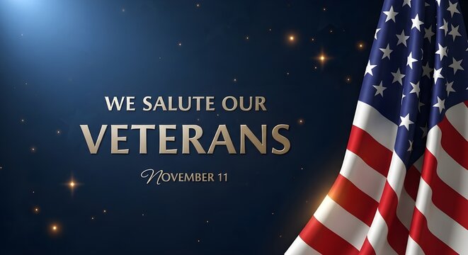 Veterans day background with american flag and golden text we salute our veterans on dark blue starry background