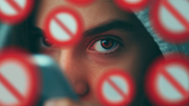 Teenage girl looking at smartphone surrounded by red stop warning signs for social media ban and internet safety restriction concept