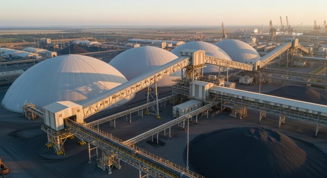 Industrial zinc ore export facility with large storage domes and conveyor systems at sunset