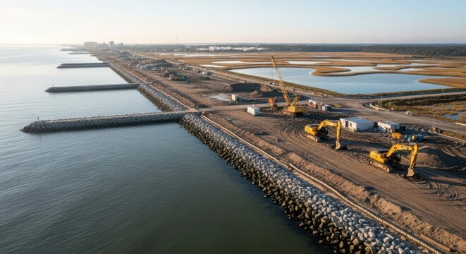 Seaport Construction Site with Excavator and Crane Under Sunny Skies