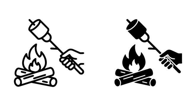 Campfire Marshmallow Roasting Icons, Hand Holding Skewer, Outdoor Cooking, Vector Set