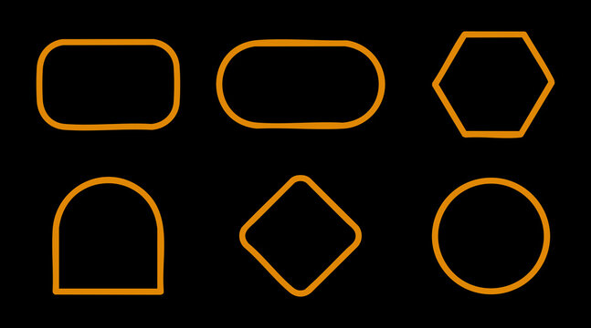 Set of orange geometric shapes. Collection of vector outline icons on black background.