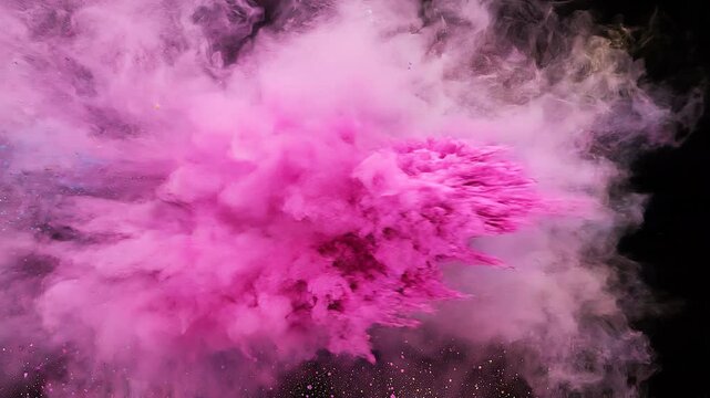 Overlay video transition, Vibrant multicolored powder explosion featuring blue, pink, and yellow hues against a dark black background.