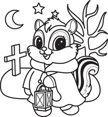 Fototapeta premium Coloring pages of Cute funny Chipmunk sticker icon with halloween theme