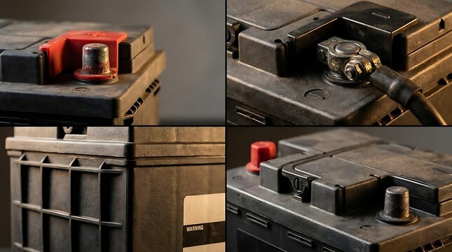 A close-up collage showing details of a flame-12 volt battery including terminals and warning label for automotive maintenance and car electrical systems