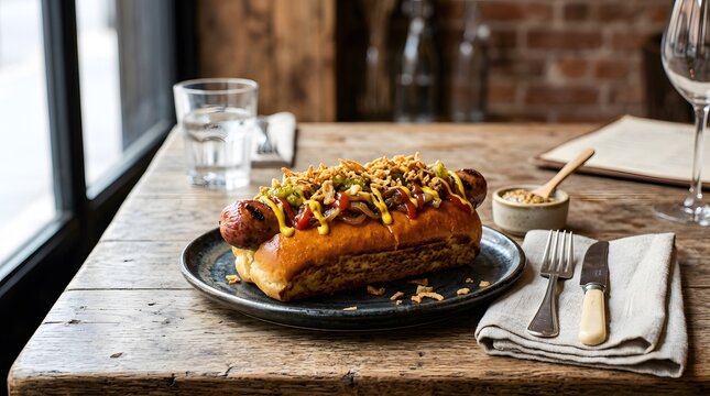 A delicious gourmet hot dog served on a rustic wooden table in a restaurant setting.