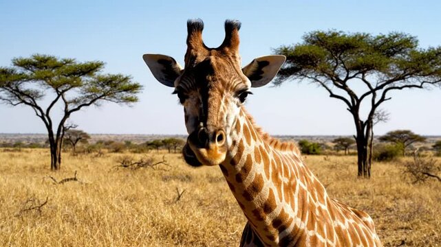 Graceful giraffe stands tall in African savanna, a beautiful sight of wildlife and nature under clear skies.