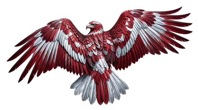 Dynamic red and white feathered eagle soaring