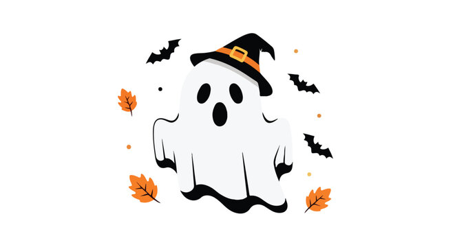 Flat vector design of a surprised white ghost in a witch hat accompanied by flying bats and autumn leaves for Halloween festivities.