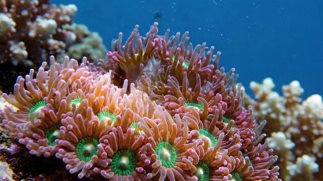 Close-up view of vibrant pink zoanthid coral with glowing green centers underwater in a deep blue ocean reef setting.