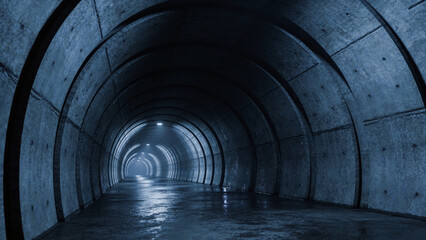 Naklejka premium A dark, moody texture of a subterranean concrete wall painted deep blue. The surface has the same sweeping arcs but appears slightly damp, with a faint, specular glint reflecting a cold, distant light