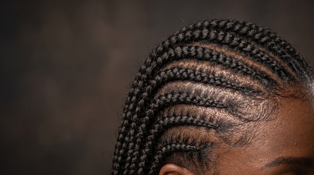 Close up of a person's scalp showing neat cornrow braids and styled edges against a dark background