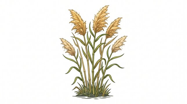*Cartoon pampas grass clump with tall tan stalks and fluffy golden-brown plumes on top. Has long green leaves and grows from a small patch of grass and soil with a hint of water at the base. Clean vec