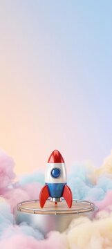 A colorful toy rocket stands proudly on a podium amidst whimsical clouds, set against a gradient sky of soft blues and warm oranges, evoking a sense of adventure and imagination.