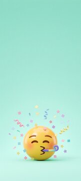 A cheerful emoji face with eyes closed, puckered lips, and a party blower emits a cascade of colorful confetti, celebrating with vibrant energy against a serene teal background.