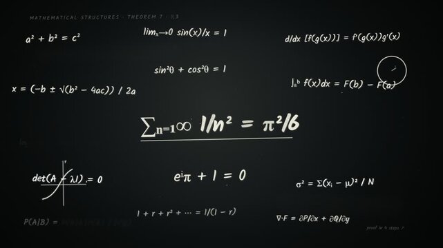 Mathematical formulas written in white chalk on a dark blackboard textured surface.