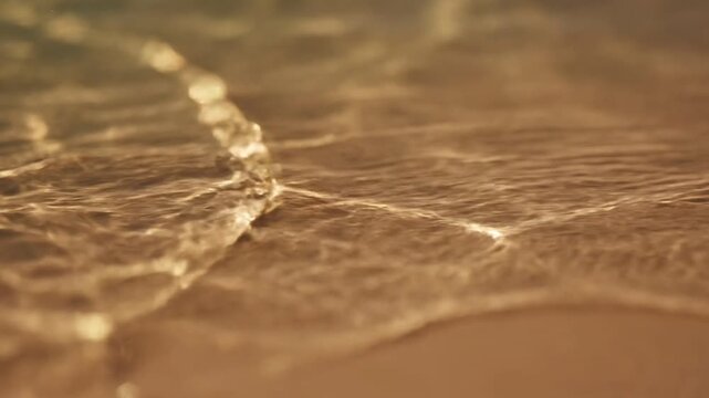 Golden sunset light reflecting on gentle ocean waves washing onto a sandy beach shore during twilight.