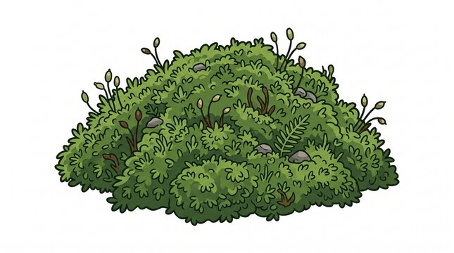 *Cartoon moss clump with dense, fluffy green foliage. Has tiny brown spore stalks poking up, a few small gray pebbles, and a couple fern-like fronds mixed in. Clean vector style on white background.*