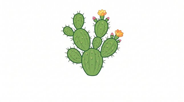 *Cartoon prickly pear cactus with flat, oval green pads covered in small spines. Has two bright orange-yellow flowers and a few pink buds on top. Clean vector style on white background.*