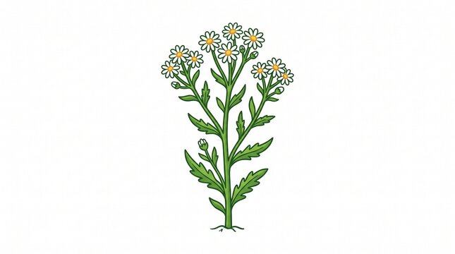 *Cartoon feverfew plant with a green stem, jagged leaves, and a cluster of small white daisy-like flowers with yellow centers. A few buds included too. Clean vector style on white background.*