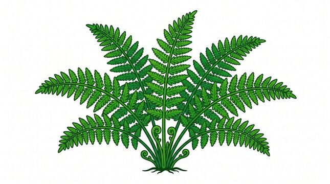 *Cartoon fern plant with multiple fronds spreading out. Detailed leaflets in different green shades and a few curled fiddleheads at the base. Clean vector style on white background.*