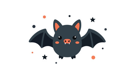 A cute, cartoonish black bat with spread wings and small fangs, surrounded by stars and orange dots against a white background.