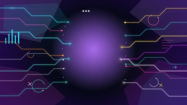 Abstract purple interface with glowing colored circuit lines and data visualization icons.