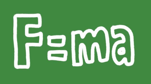 Physics force formula newton law hand-drawn cartoon graphic with chalk outline force mass acceleration equation symbol isolated on green screen background for classical mechanics lesson element.