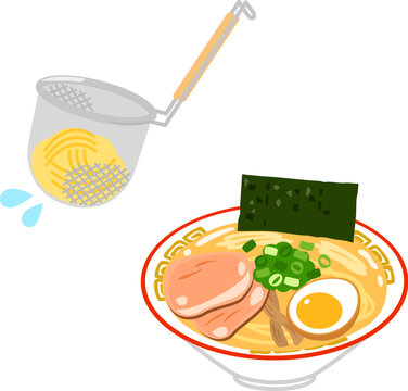 丼に盛ったラーメンと湯切りのザル