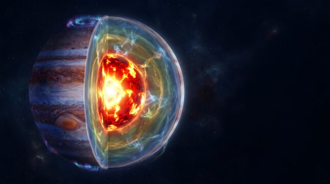 Astrophysics concept, cross section of a gas giant planet revealing glowing plasma core and magnetic energy fields, 3D illustration with copy space