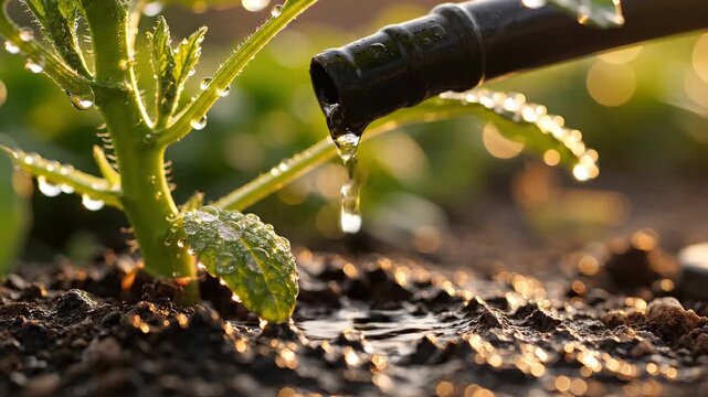 Close-up view of an automated drip irrigation system watering a young plant sprout in a field during golden hour.