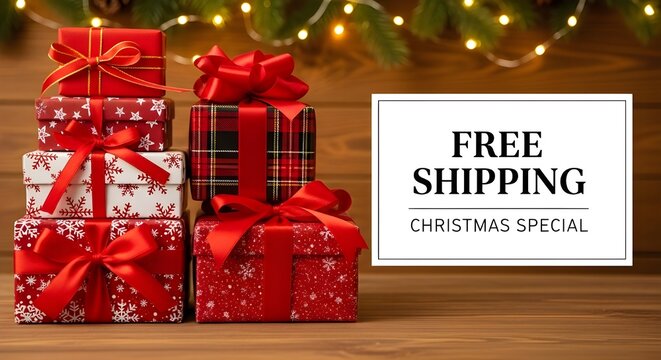 Stack of christmas gift boxes with red ribbons on a wooden table with festive lights in the background, christmas holiday shopping concept