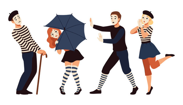 PrintFrench mime artists set with street performers in traditional striped costumes and makeup acting out funny dramatic poses