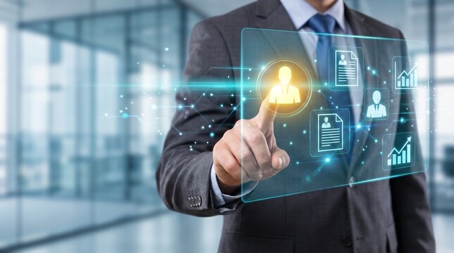 Professional Businessman Selecting Qualified Candidate via Futuristic Holographic Human Resources Interface in Modern Office
