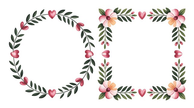 A decorative painted watercolor folk floral frame set features a scalloped circle and square border template with romantic pink hearts, peach flowers, and pastel botanical foliage