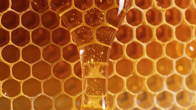 Close-up of golden honey dripping from hexagonal honeycomb cells.