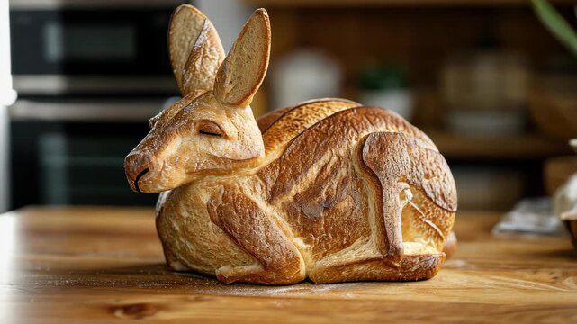 Bunny Bread Masterpiece: A creative loaf of bread sculpted into the adorable form of a sleeping bunny, showcasing intricate baking artistry and festive charm.