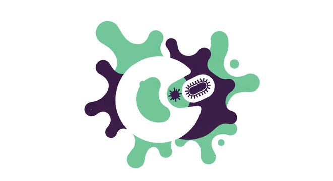 A large amoeboid white blood cell shape partially surrounding a small dark germ particle. Dynamic organic shapes in solid mint green and dark violet. Clean clinical aesthetic. minimalist flat