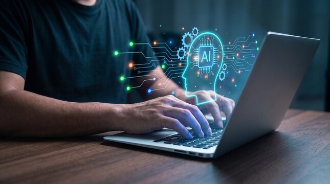 Man typing on laptop with artificial intelligence digital interface for technology concept development