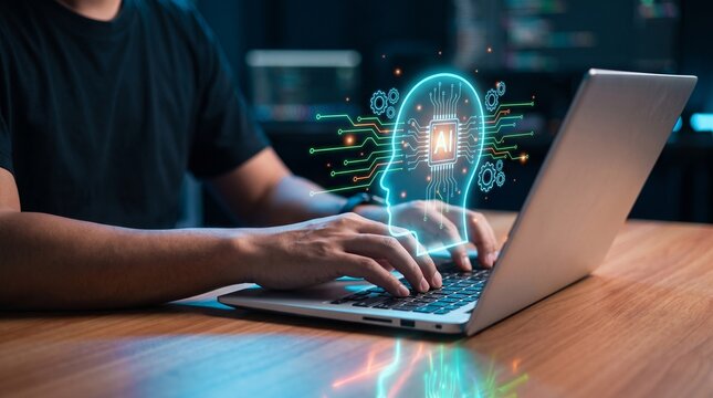 Man typing on laptop with glowing artificial intelligence brain hologram