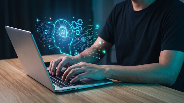 Person working on a laptop with glowing AI interface, symbolizing technological advancement and innovation