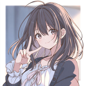 Anime style portrait of a smiling young woman making a peace sign, soft pastel character illustration, ピースサインで微笑む女性のアニメ風ポートレート 淡い色調のイラスト
